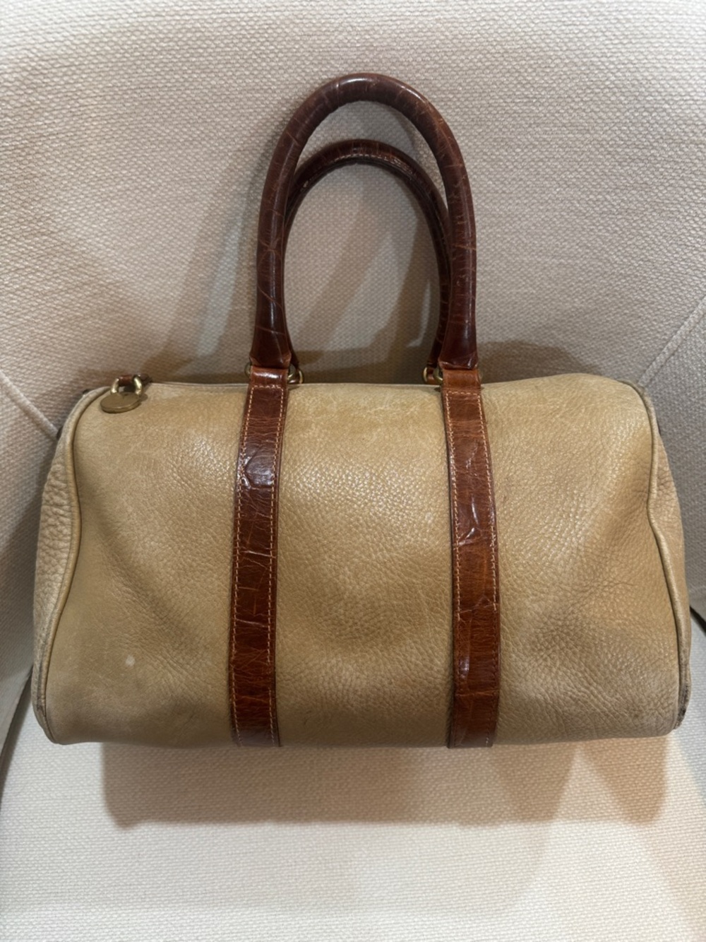 Furla Vintage Two-Tone Tan and Brown Leather Satchel Bag Rare